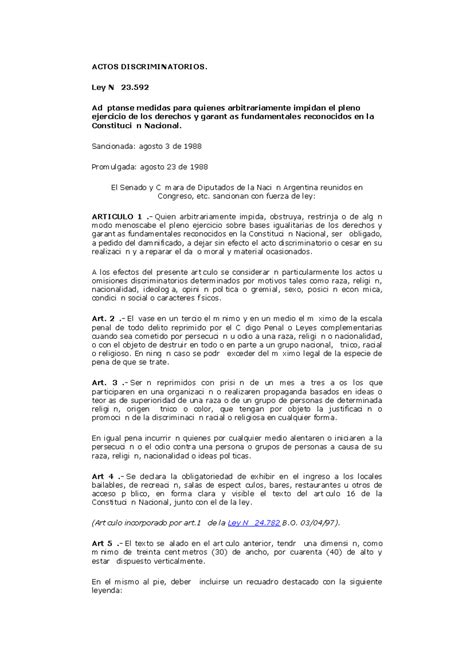 Ley 23.592: Medidas contra Actos Discriminatorios en Argentina - Studocu