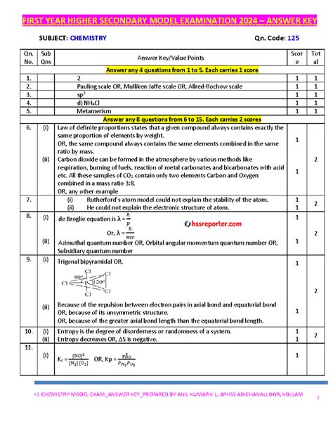 +1 Chemistry Model Exam 2024 - Answer Key - High School Level - Studocu