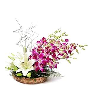 Floralbay Basket Arrangement of 3 White Asiatic Lilies with 5 Purple ...