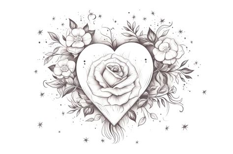 Illustration of heart and rose drawing sketch white | Premium AI ...