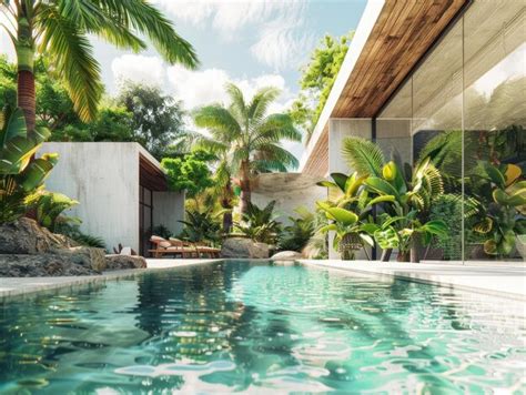 Modernist tropical villas with pools and water features | Premium AI ...