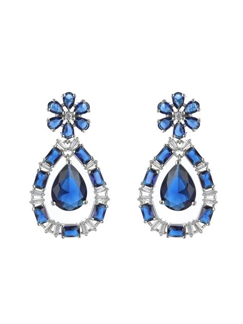 Priyaasi Blue Floral Pear AD Silver-Plated Drop Earrings
