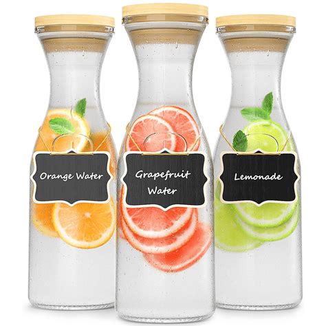 3 Pack Glass Carafes with Wood Lids, 1 Liter Carafes & Pitchers Mimosa ...