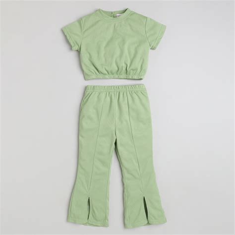 Shop Short Sleeves Crop Top And Bell Bottom Pant Set-Sea Green Online ...