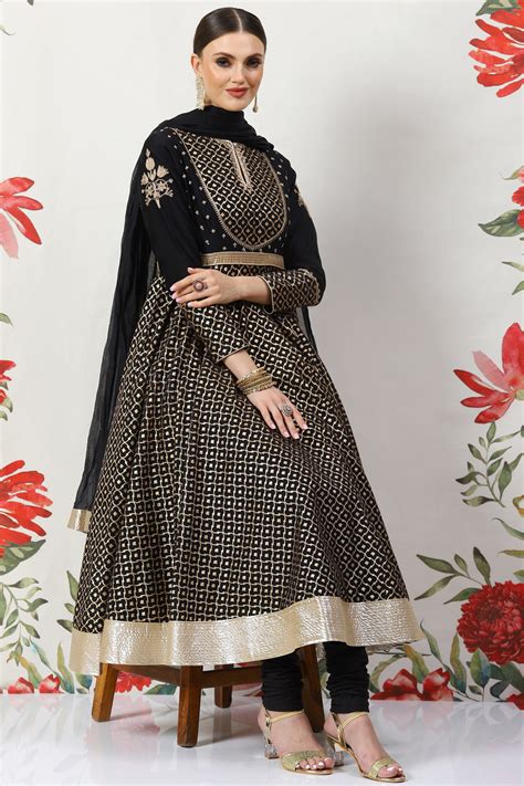 Rohit Bal Black Cotton Silk Anarkali Yarndyed Suit Set Kurta, Churidar ...
