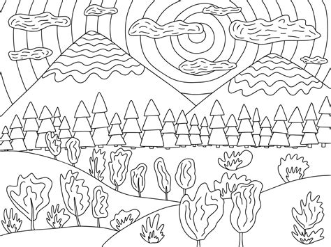 Coloring page with mountain landscape, fields and trees. Vector ...