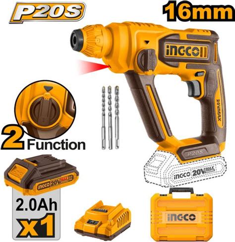 INGCO 2.0Ah Battery and Charger | 3 Pcs Drills | 20V Lithium-Ion Rotary ...