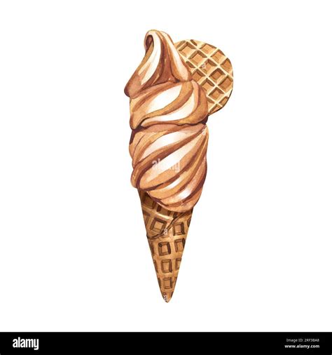 Watercolor dessert, Realistic soft ice cream waffle cone with cookie ...