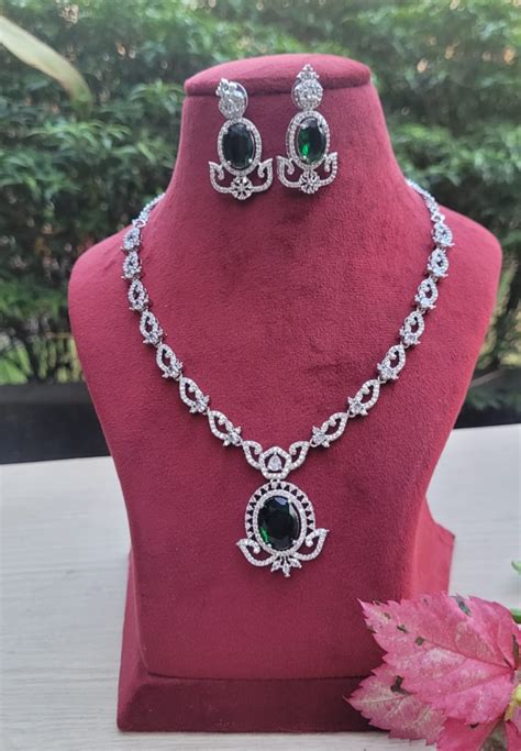 Emerald Green Diamond Necklace set | Gemzlane