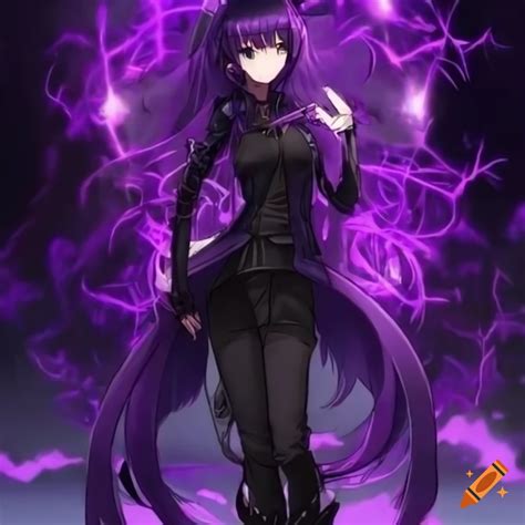 Anime character with very dark purple hair, tall combat boots, and a ...