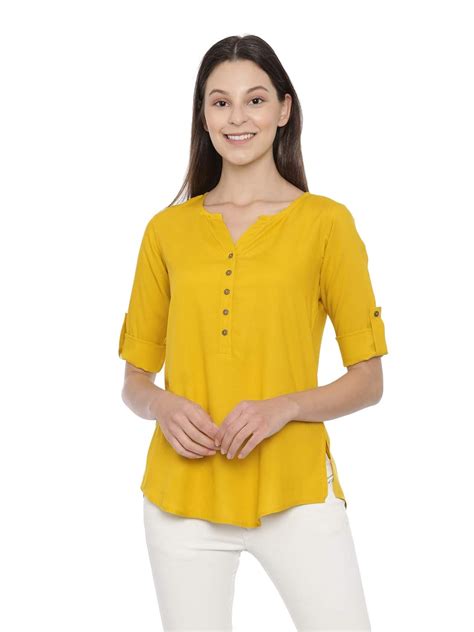 First Flush Women's Casual Rayon Fancy Solid Pattern Top with Front ...