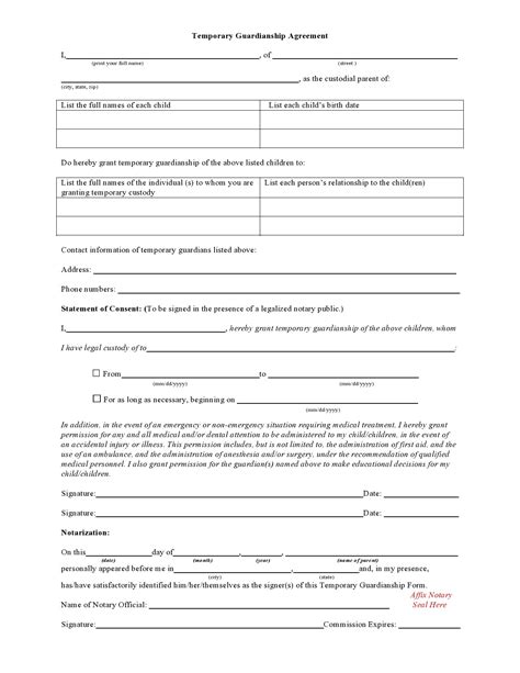 Notarized Printable Temporary Guardianship Agreement Form - Printable ...