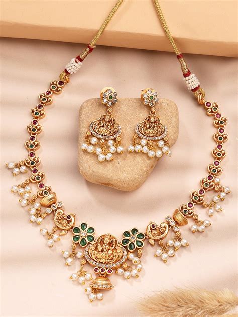 Karatcart Gold Plated Laxmi Mata Red and Green Stone Temple Jewellery