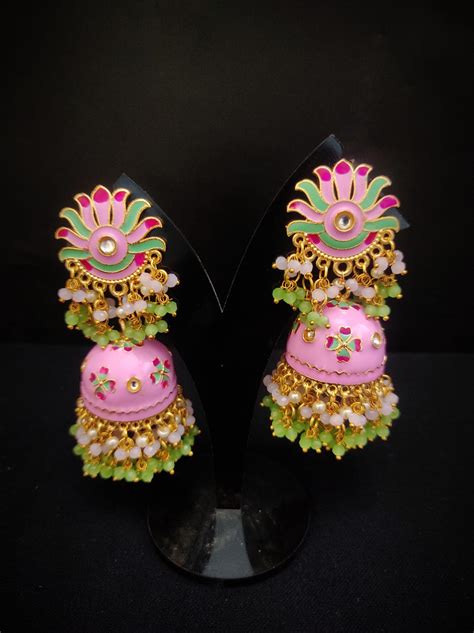 Real Meenakari Work kundan jhumka earrings Set By Zevar