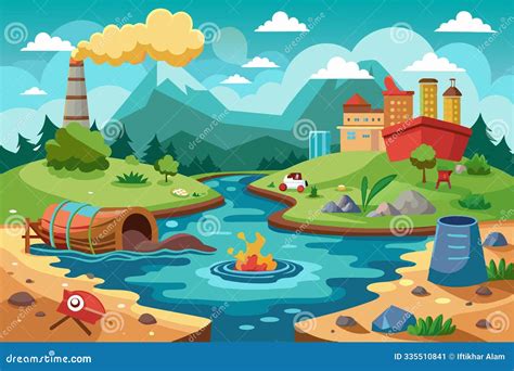 A Vibrant Cartoon Landscape Showing Water Pollution from Factories ...