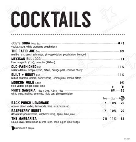 Menu at Original Joe's pub & bar, Swift Current