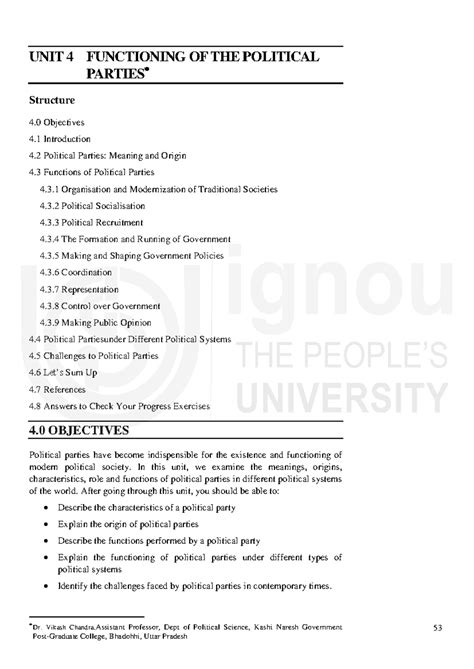 Unit-4 - UNIT 4 FUNCTIONING OF THE POLITICAL PARTIES Structure 4 ...