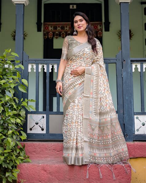 Elegant Floral Printed Pure Cotton Linen Saree in Ivory with | Shop ...