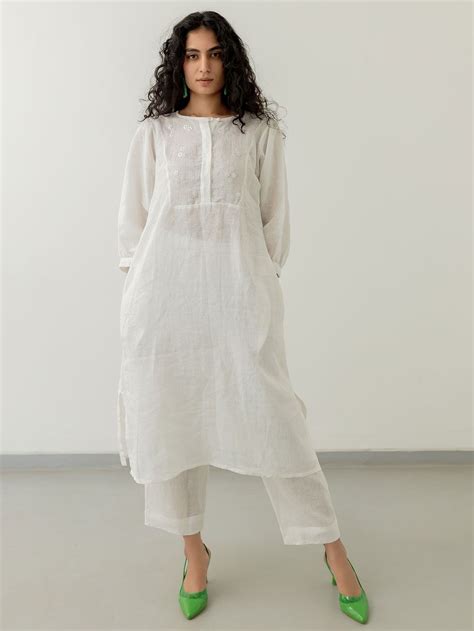 Buy White Embroidered Linen Kurta | SW_966/SS19JUL | The loom