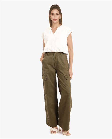 Rareism Women Itsiz Olive Wide Wide Ankle Length Broad Stripes Cargo T