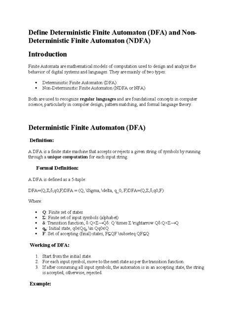 DFA and NDFA Overview: Definitions and Examples - Studocu