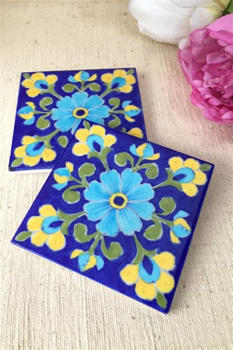 Ram Gopal Blue Pottery Handcrafted 'Flower Tile ' Blue Green (Set of 2 ...