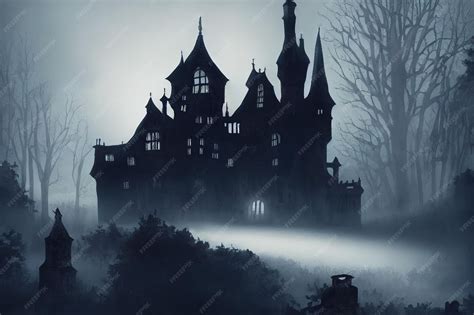 Premium Photo | Spooky old gothic castle foggy night haunted mansion