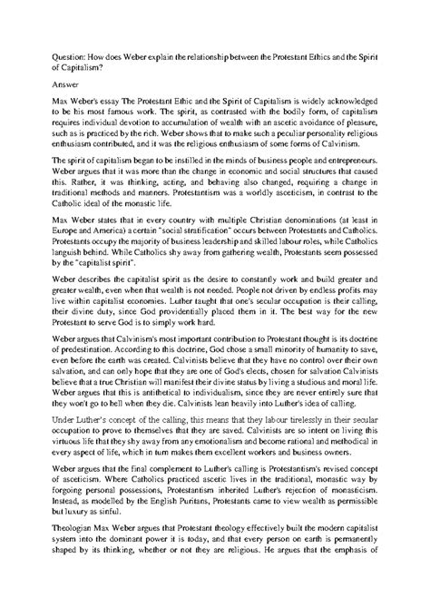 Max Weber's Analysis of Protestant Ethics & Capitalism (Essay) - Studocu