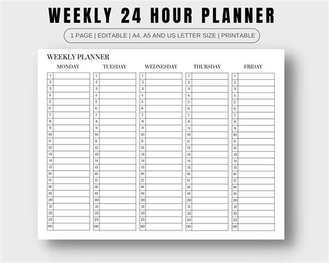 24 Hour Daily Planner Printable | Hourly Weekly Schedule PDF | Time Blocking | Week at a Glance ...