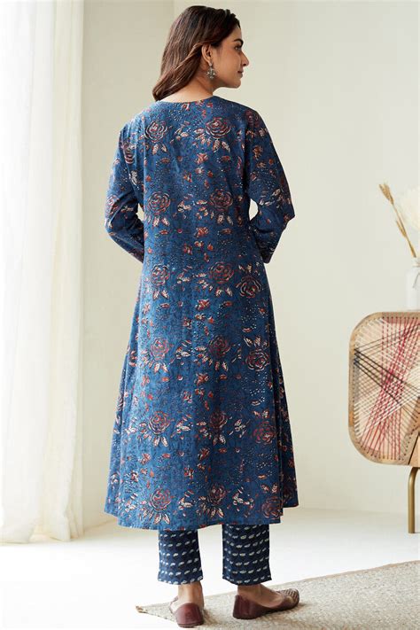 Buy Indigo Hand Block-Printed A-Line Cotton Kurta for Women | FGMK23 ...