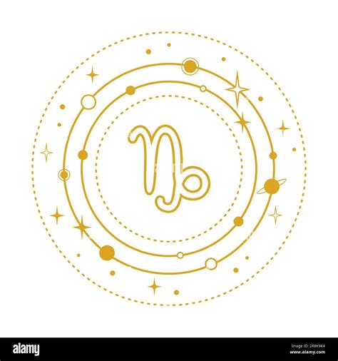 Golden Capricorn sign stylized with planets and stars in orbits on a ...