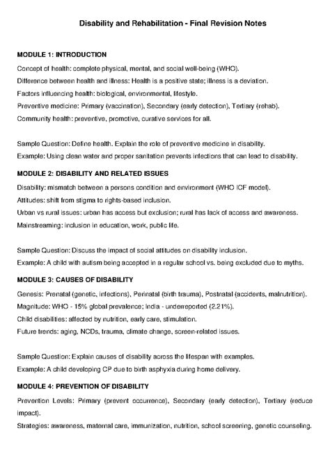 Disability and Rehabilitation Final Revision Notes - MODULE 1 to 4 ...
