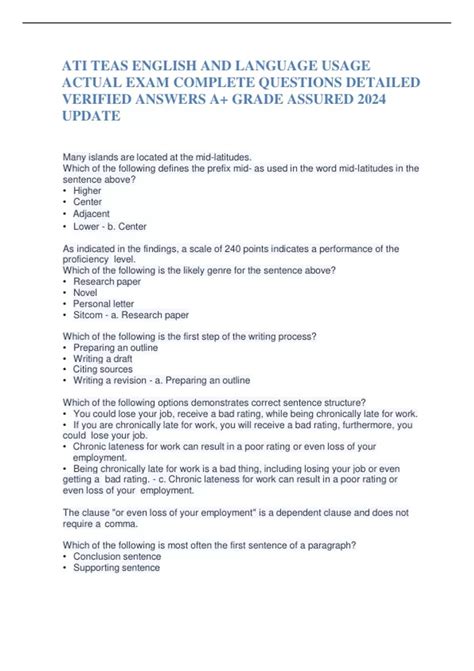 ATI TEAS ENGLISH AND LANGUAGE USAGE ACTUAL EXAM COMPLETE QUESTIONS ...