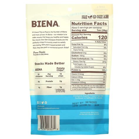 BIENA, Chickpea Snacks, Sea Salt, 5 oz (142 g)