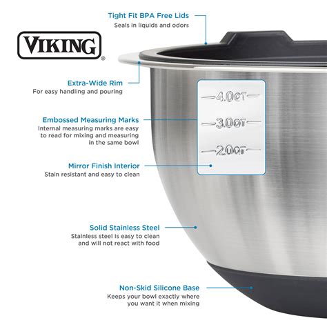 Viking 8-Piece Stainless Steel Mixing Bowl Set with Lids, Black ...