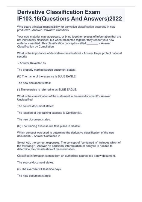 Derivative Classification Exam IF103.16(Questions And Answers)2022 ...
