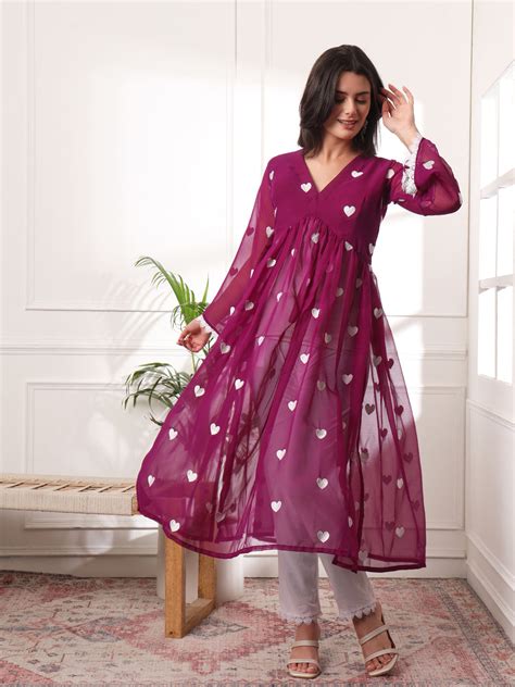 Alia-cut Heart Embroidered Pleated Thread Work Kurta With Pant – Westoraa