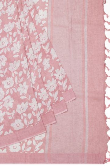 Peach Linen Silk Saree with Plain Border and Silver Zari Lines