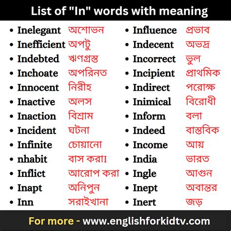 List of "In" words with meaning - English For Kids