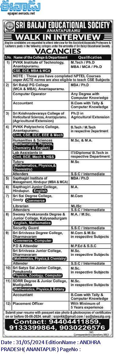 Sri Balaji Educational Society Anantapuramu Professors, Associate ...
