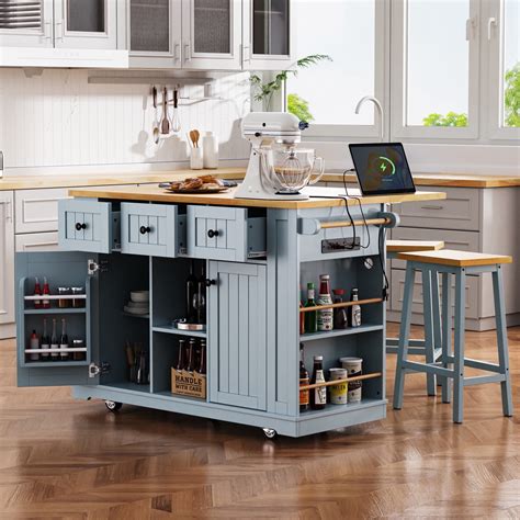 53" Kitchen Island On Wheels, Rolling Kitchen Island Cart with Drop ...