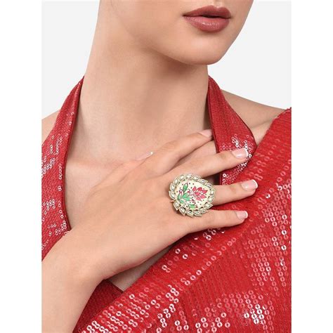 Buy Zaveri Pearls Multicolor Meenakari Lotus Design Kundan Finger Ring ...