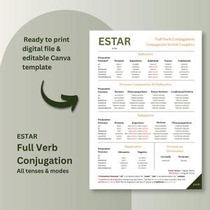 Spanish Verb "estar" Conjugation Chart: Printable Study Aid (PDF) - Etsy