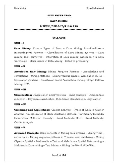 Data Mining - JNTU HYDERABAD DATA MINING B./CSE & IT/R16 & R SYLLABUS ...
