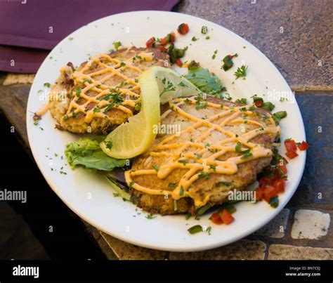 Sedona, Arizona, USA - Oak Creek Brewery food - crab cakes with red ...