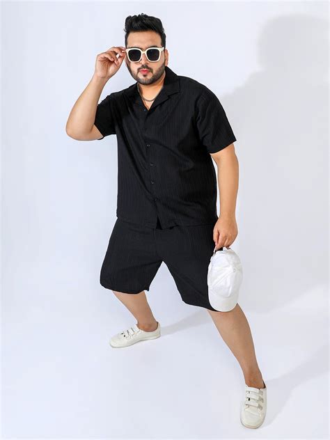 Instafab Plus men's Midnight Black Self-Design Striped Co-Ord Set