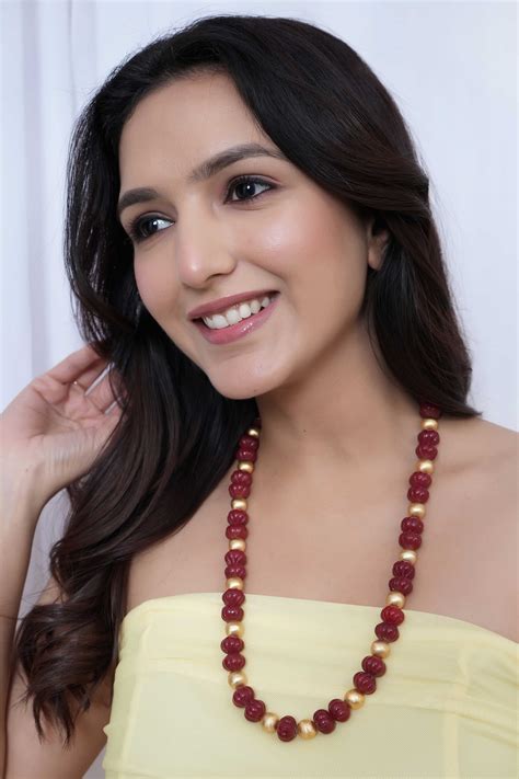 Ruby Red Pumpkin Stone Gold Bead Long Necklace – Jaipri