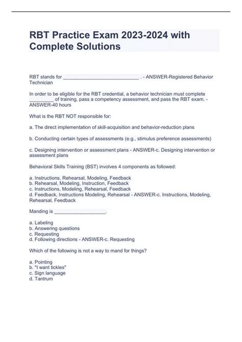 RBT Practice Exam with Complete Solutions - RBT - Stuvia US