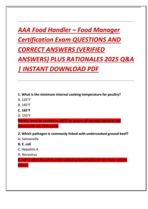 AAA Food Handler - Food Manager Certification Exam QUESTIONS AND ...