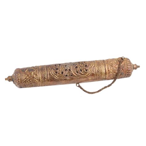 Copper And Brass Carved Cylindrical Scroll Case Message